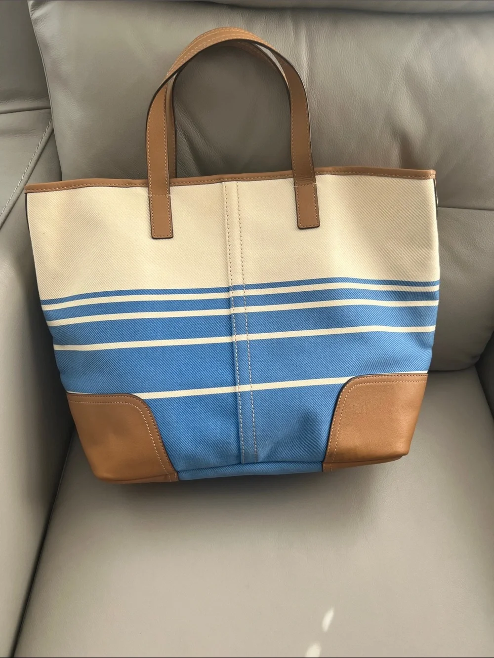 Coach Hadley Variegated Canvas Stripe Tote in Cream, Blue & Brown Leather